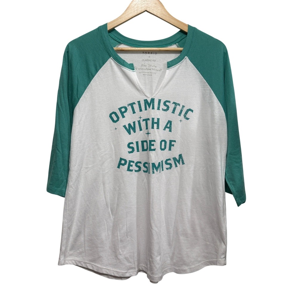 Torrid Womens Optimistic Side Of Pessimism Graphic Raglan Tee 3/4 Sleeve White 0